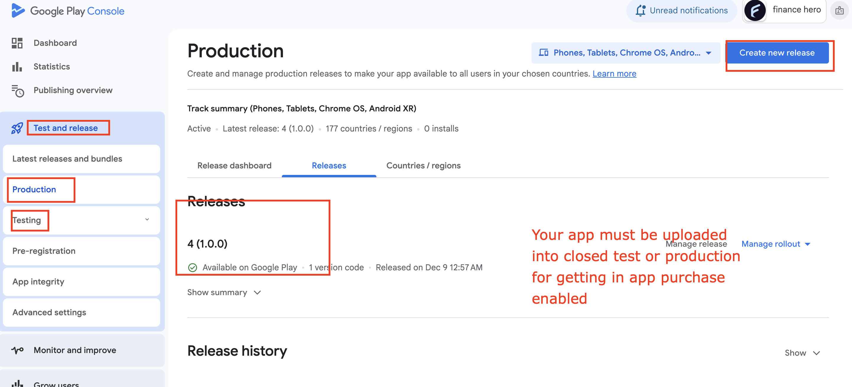 Play Console production app