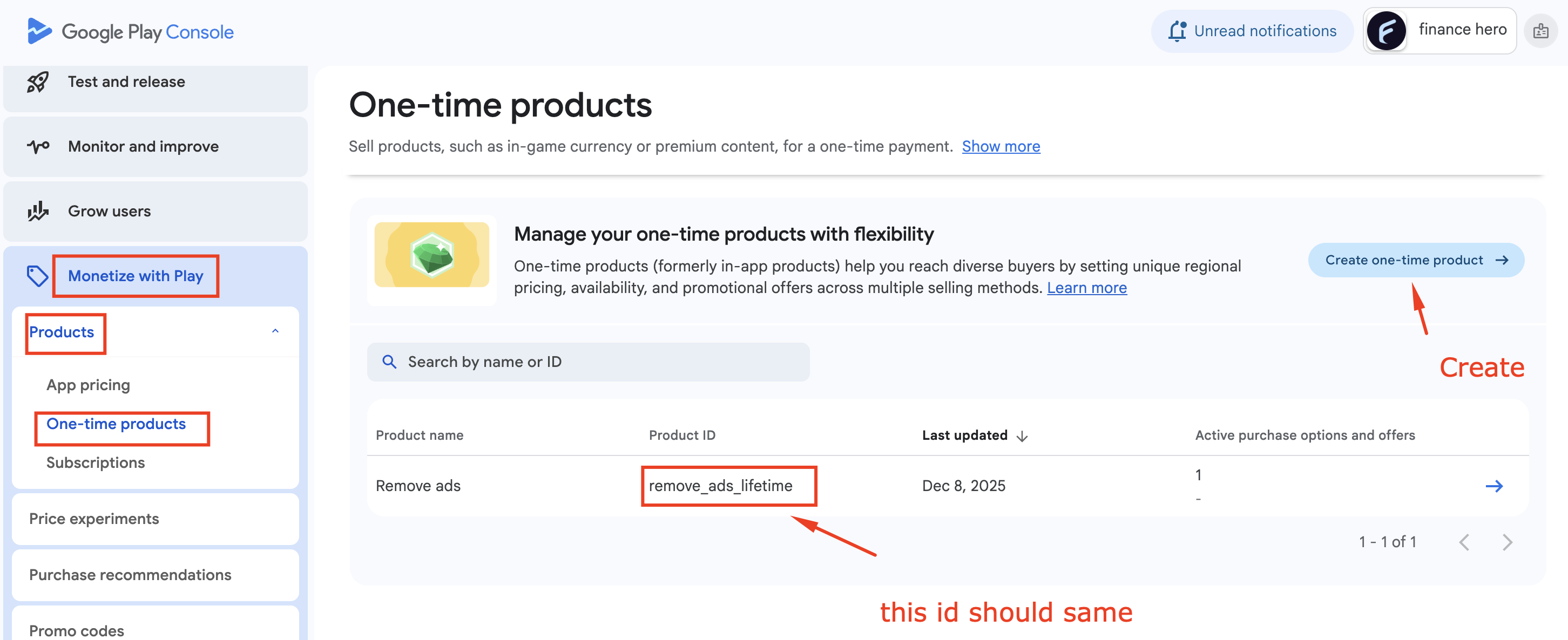 Play Console remove ads product id