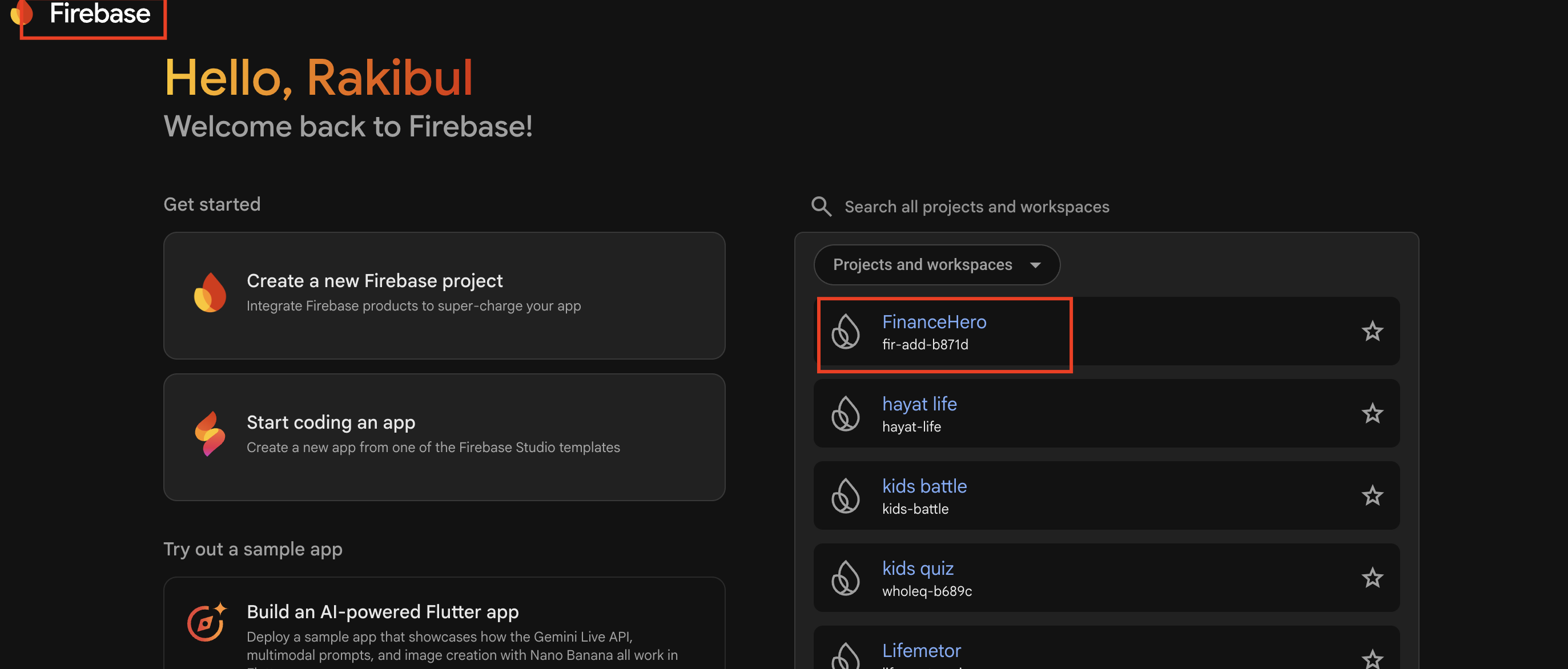 Firebase console overview